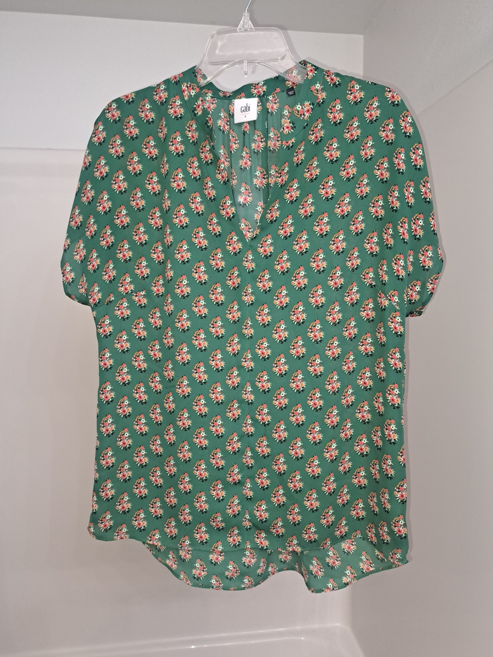 CAbi Green Floral V-Neck Blouse
